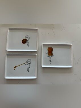 Set of 3 CB2 Oliver White Ceramic Cartoon Appetizer plates